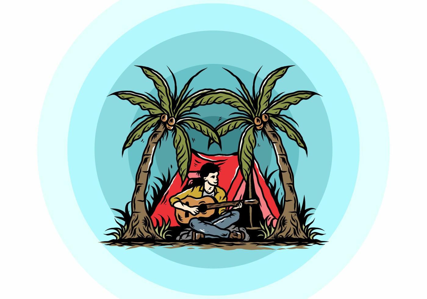 Man with guitar in front of tent between coconut tree illustration vector