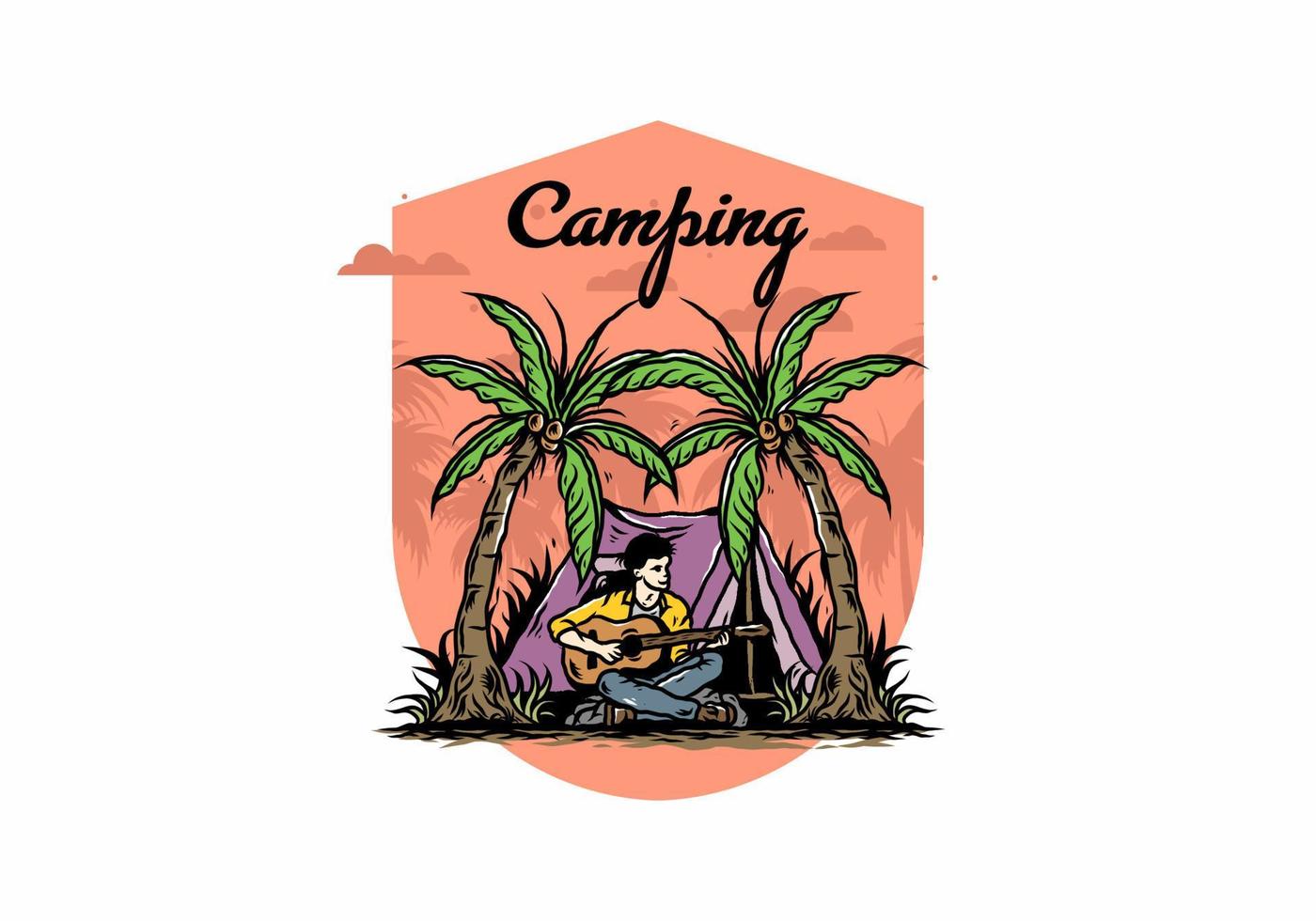 Man with guitar in front of tent between coconut tree illustration vector