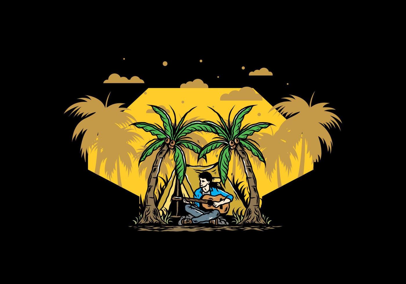 Man with guitar in front of tent between coconut tree illustration vector