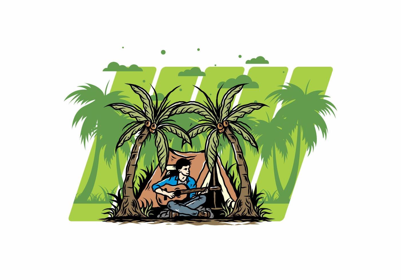 Man with guitar in front of tent between coconut tree illustration vector