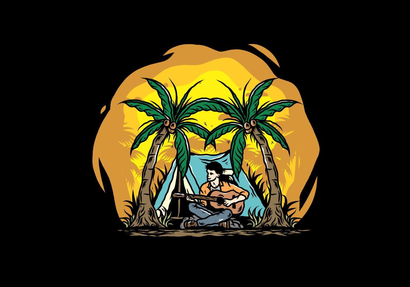 Man with guitar in front of tent between coconut tree illustration vector