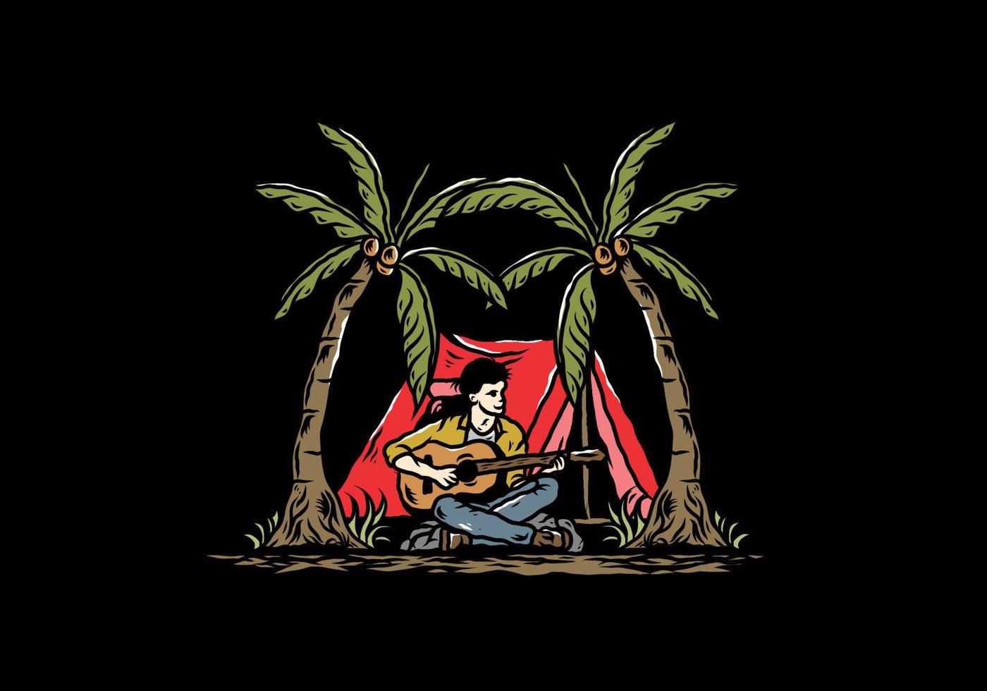 Man with guitar in front of tent between coconut tree illustration vector