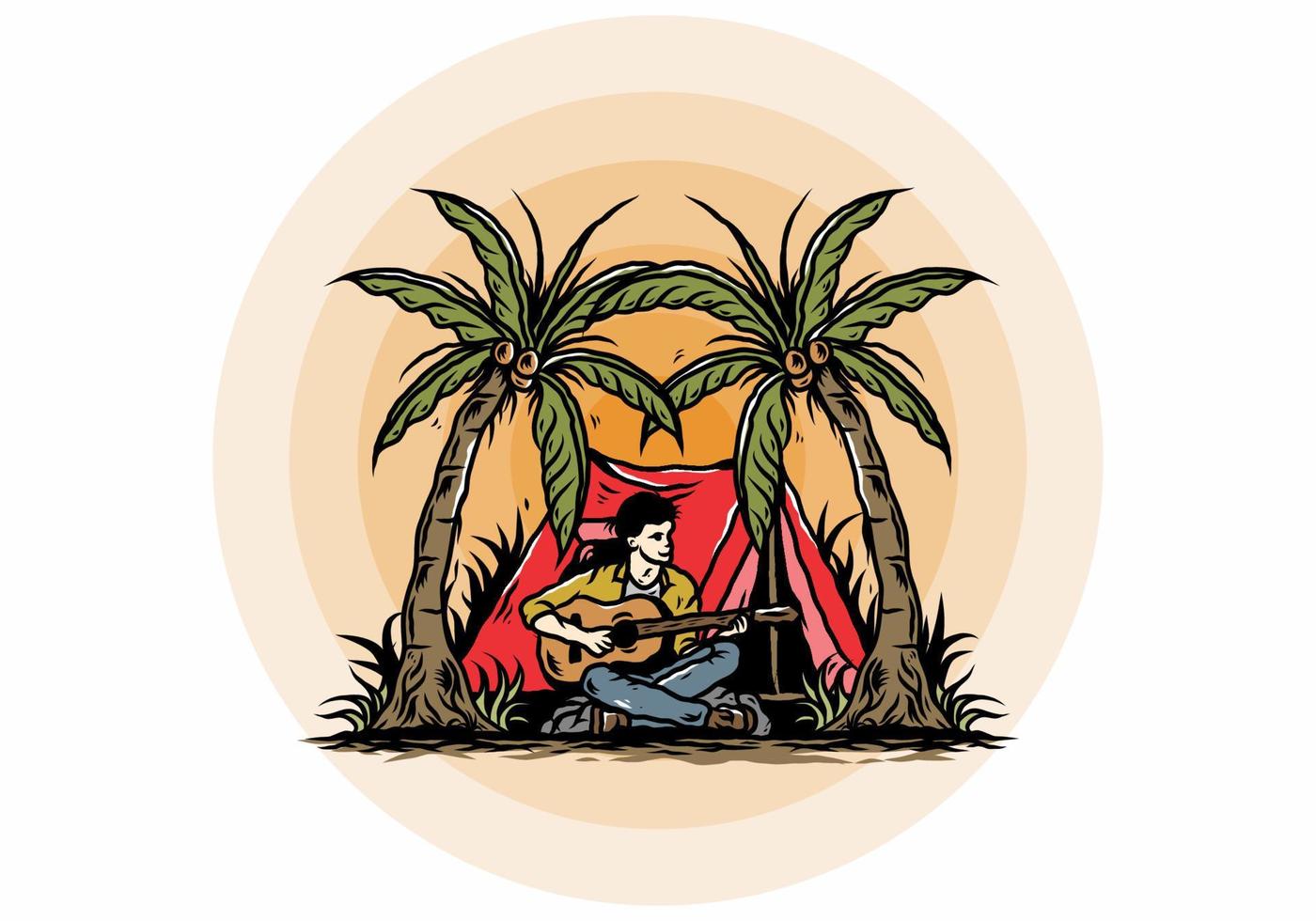 Man with guitar in front of tent between coconut tree illustration vector