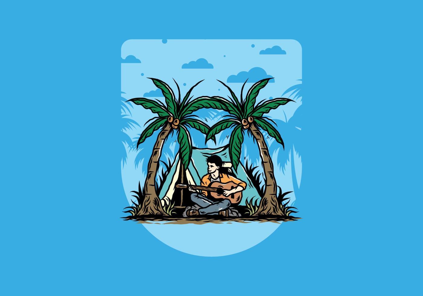 Man with guitar in front of tent between coconut tree illustration vector