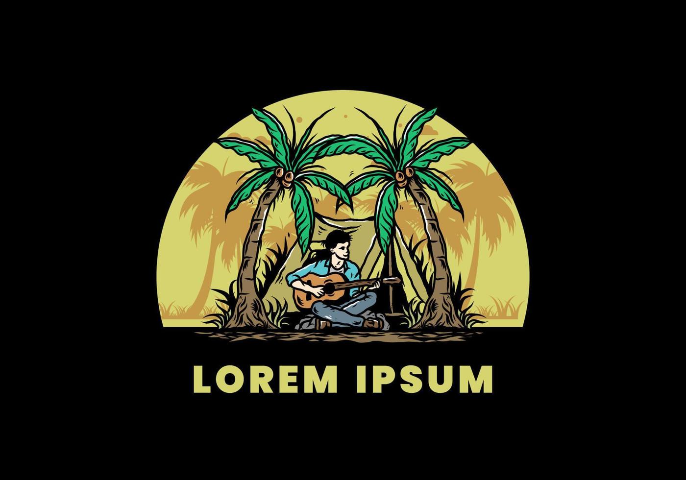 Man with guitar in front of tent between coconut tree illustration vector