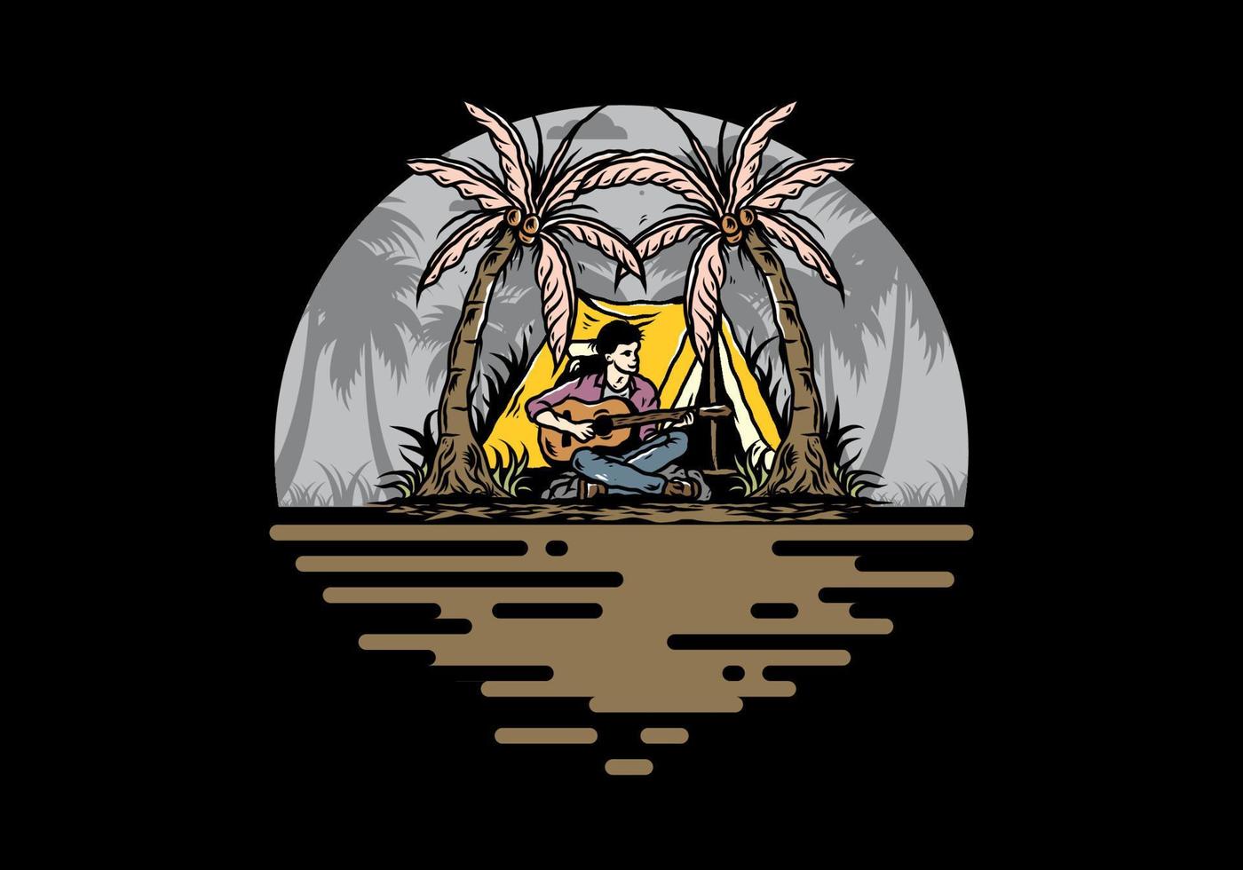 Man with guitar in front of tent between coconut tree illustration vector