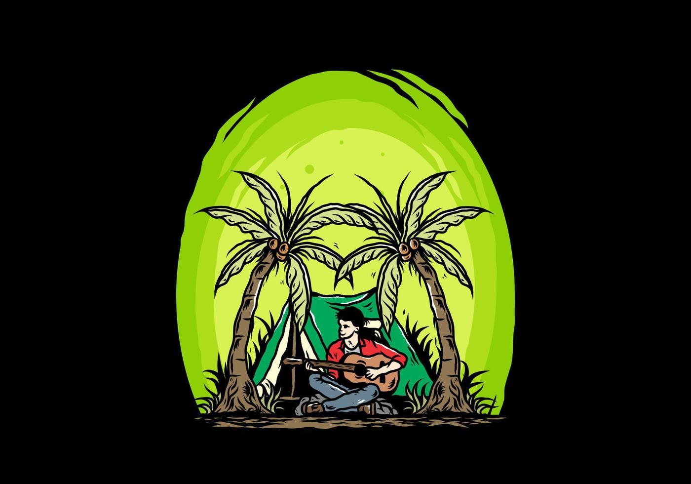 Man with guitar in front of tent between coconut tree illustration vector