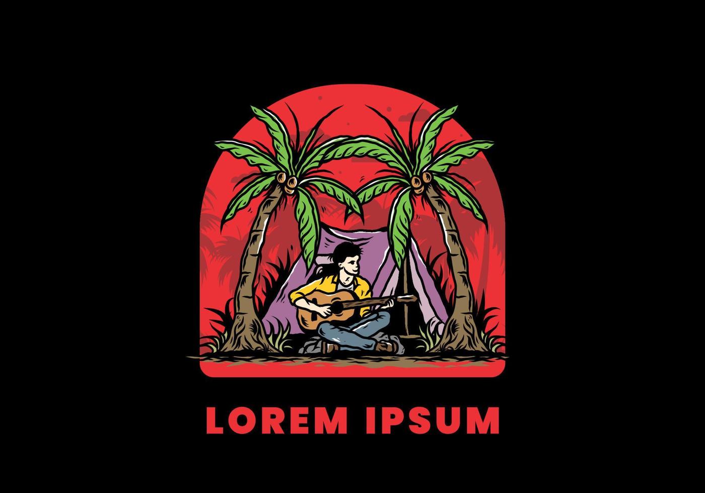 Man with guitar in front of tent between coconut tree illustration vector