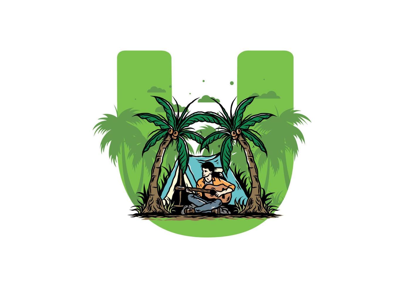 Man with guitar in front of tent between coconut tree illustration vector