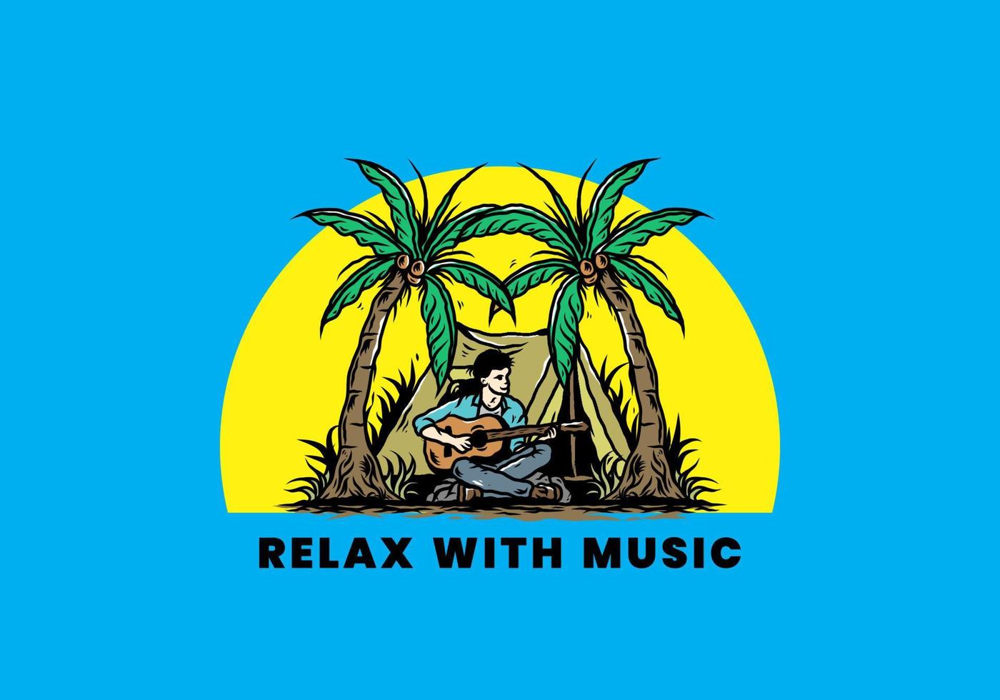 Man with guitar in front of tent between coconut tree illustration vector