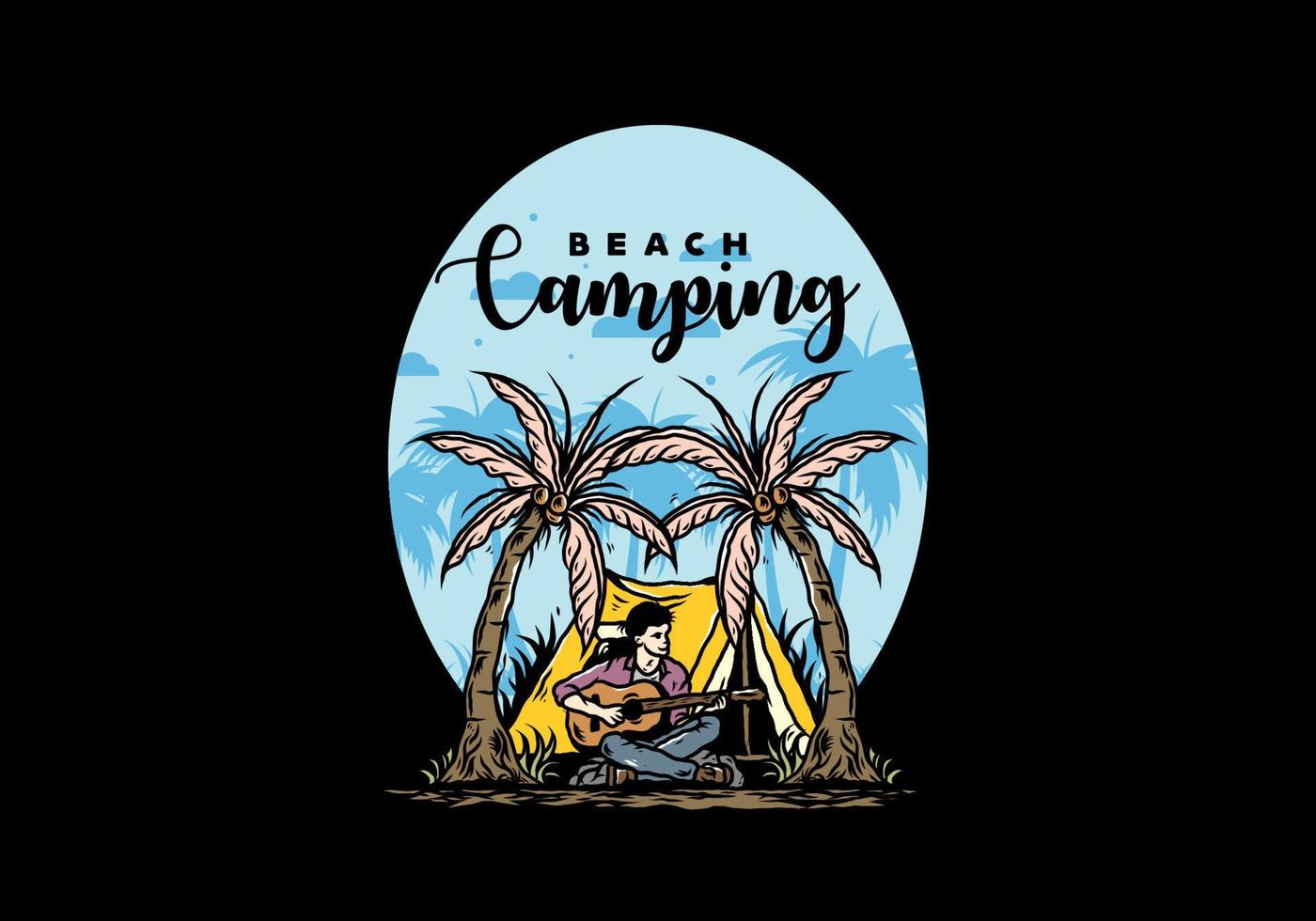 Man with guitar in front of tent between coconut tree illustration vector