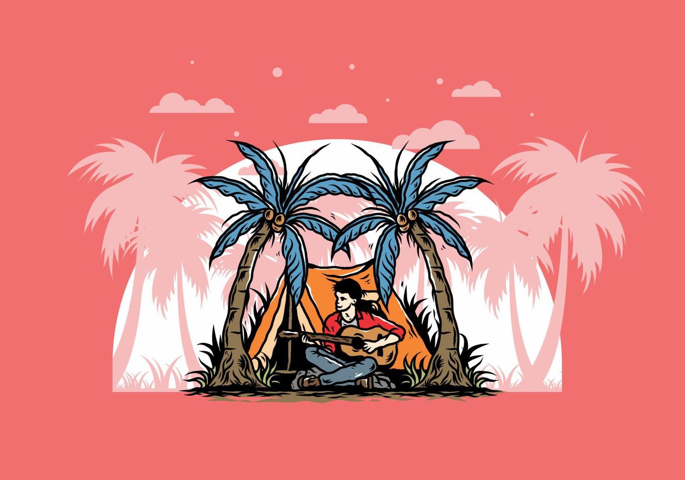 Man with guitar in front of tent between coconut tree illustration vector