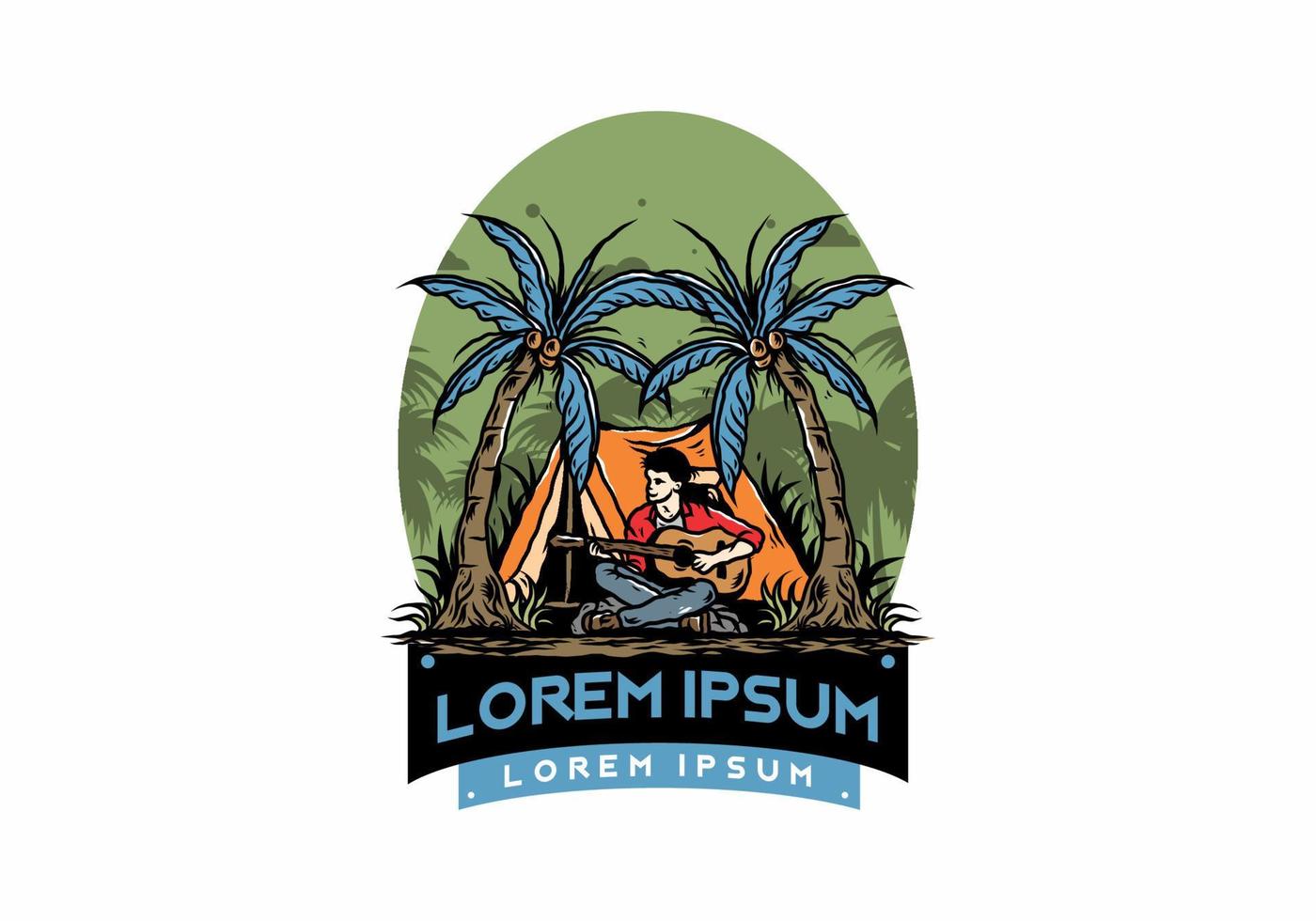 Man with guitar in front of tent between coconut tree illustration vector