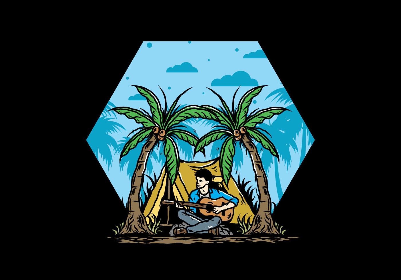 Man with guitar in front of tent between coconut tree illustration vector