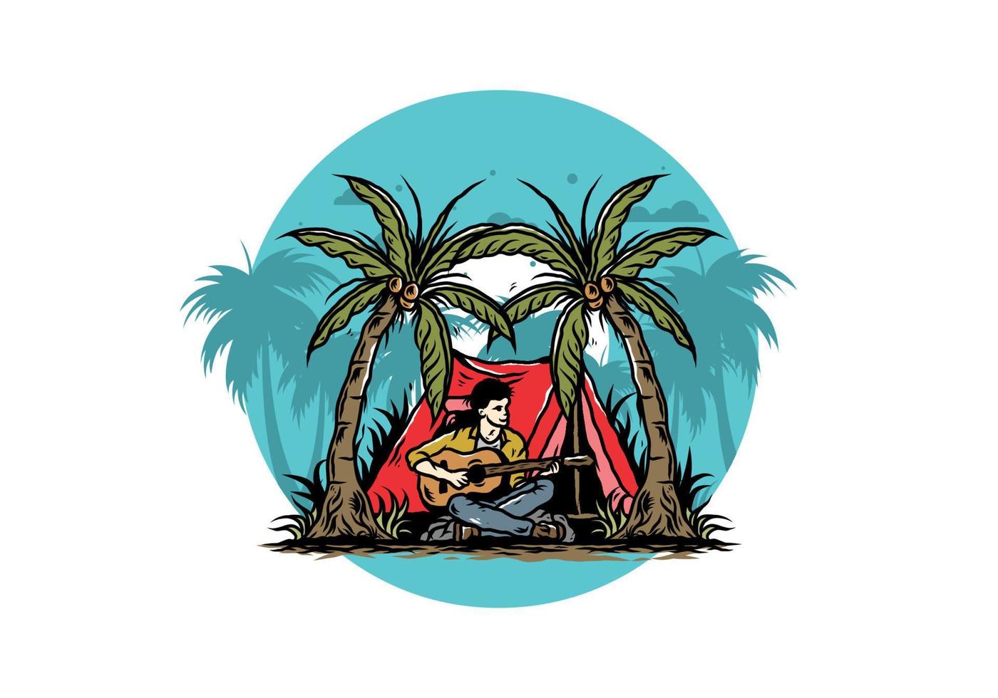 Man with guitar in front of tent between coconut tree illustration vector