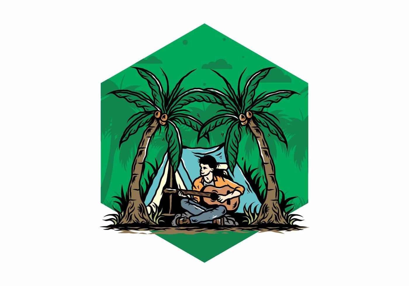 Man with guitar in front of tent between coconut tree illustration vector
