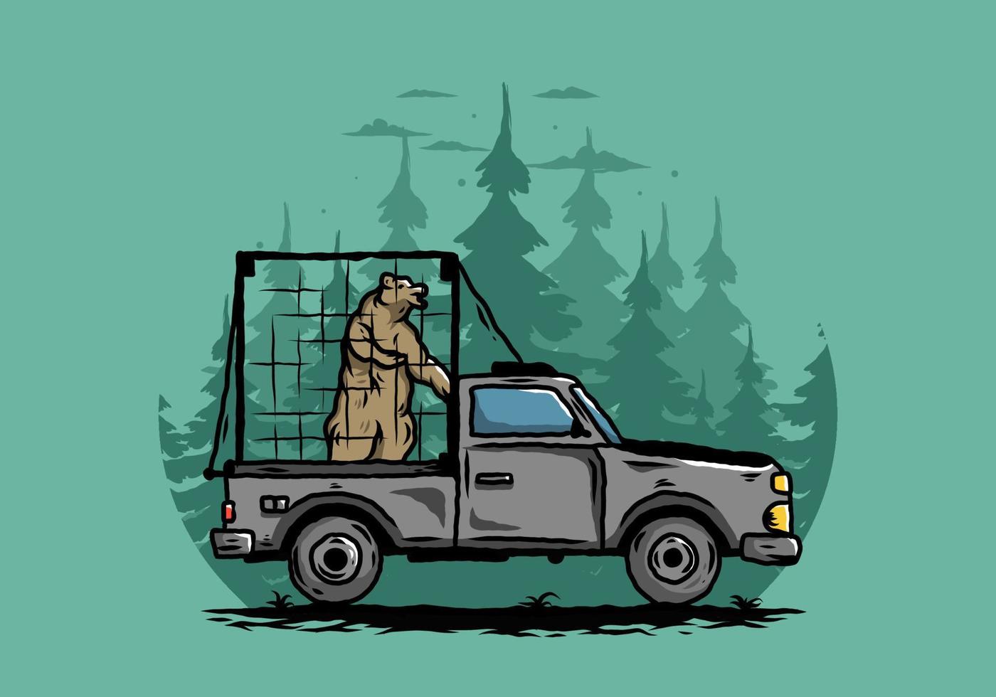 Big bear in cage on car illustration vector