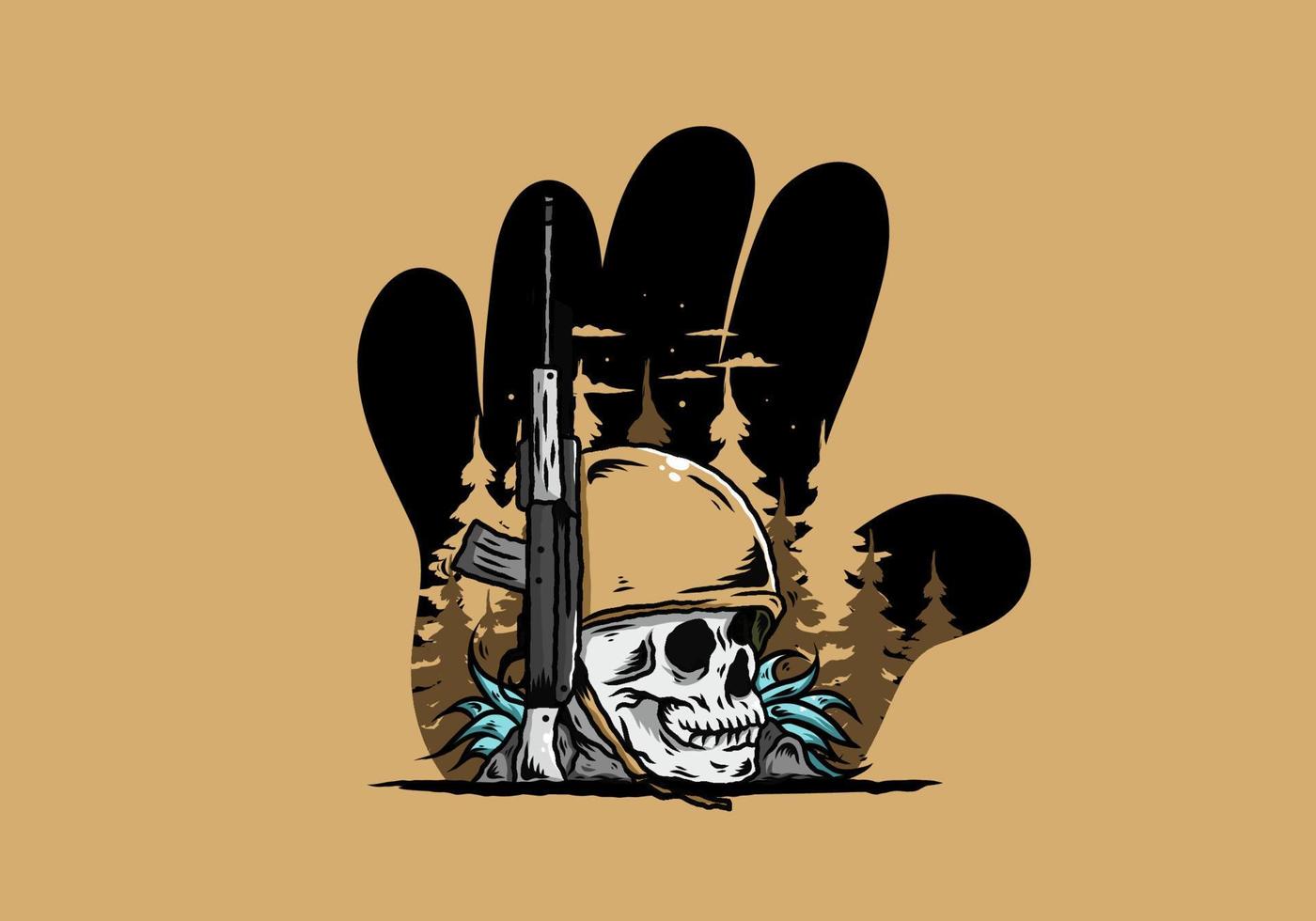 casco de calavera y soldados con ilustración de arma vector