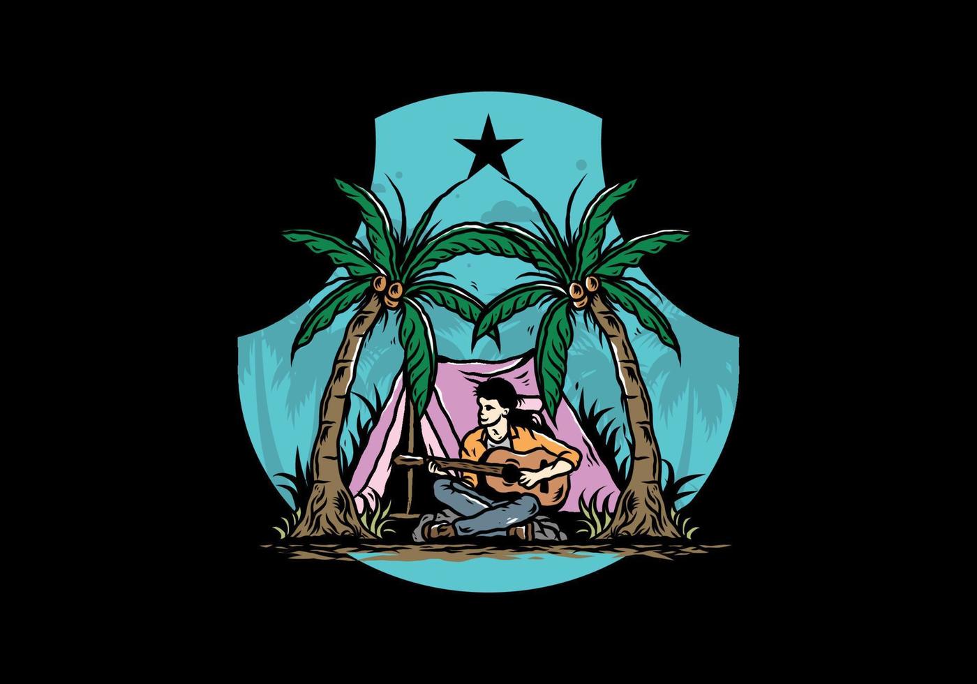 Man with guitar in front of tent between coconut tree illustration vector