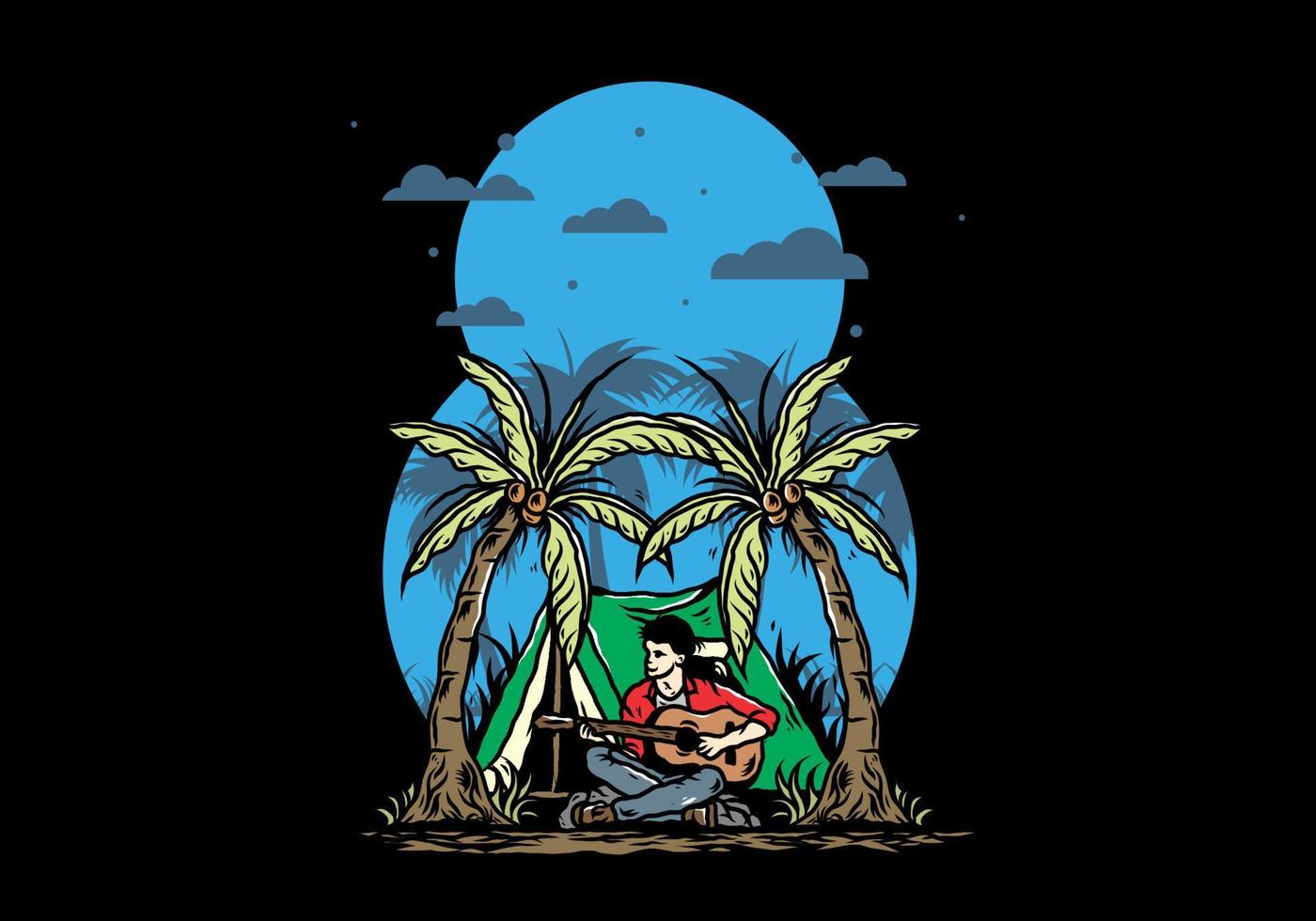Man with guitar in front of tent between coconut tree illustration vector