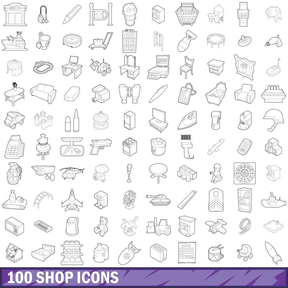 100 shop icons set, outline style vector