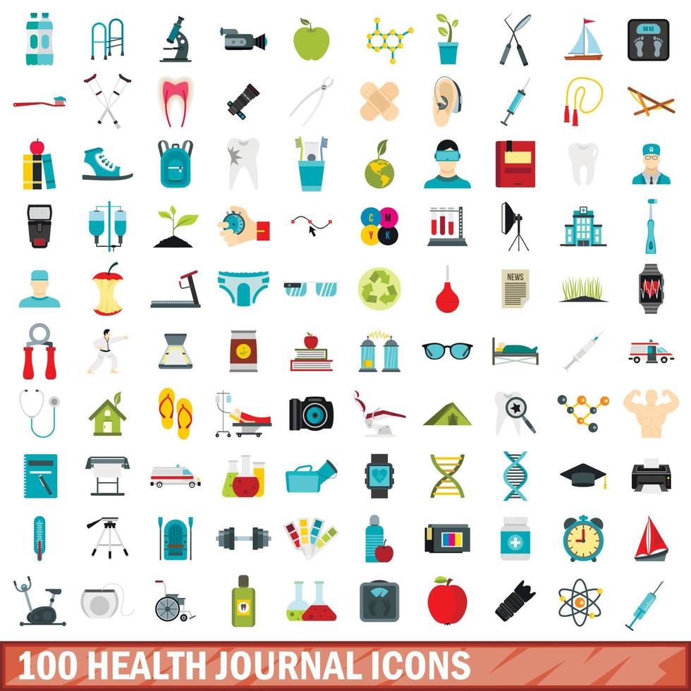 100 health journal icons set, flat style vector