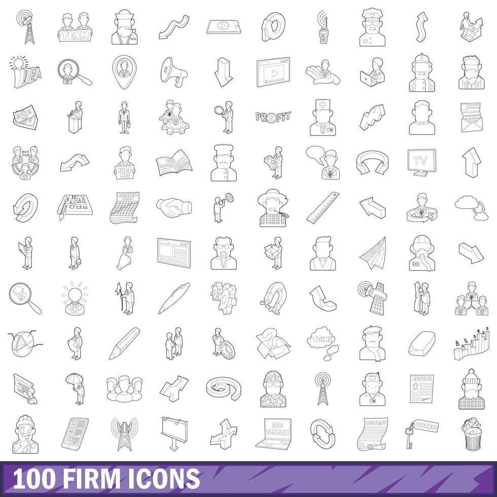 100 firm icons set, outline style vector