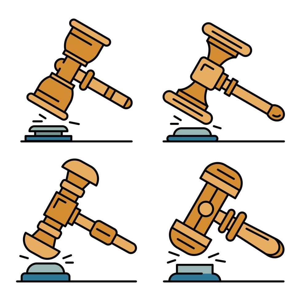 Judge hammer icon set, outline style vector