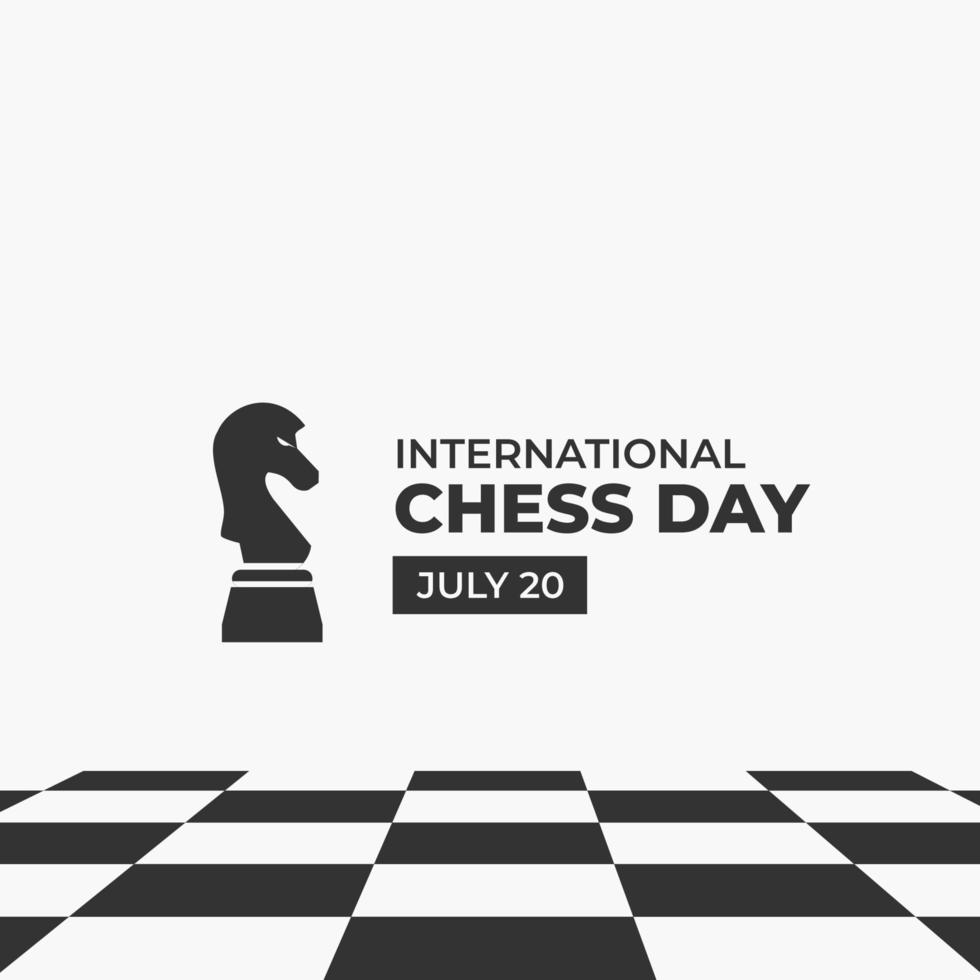 cartel del día internacional del ajedrez con caballero y tablero de ajedrez en la celebración del 20 de julio vector
