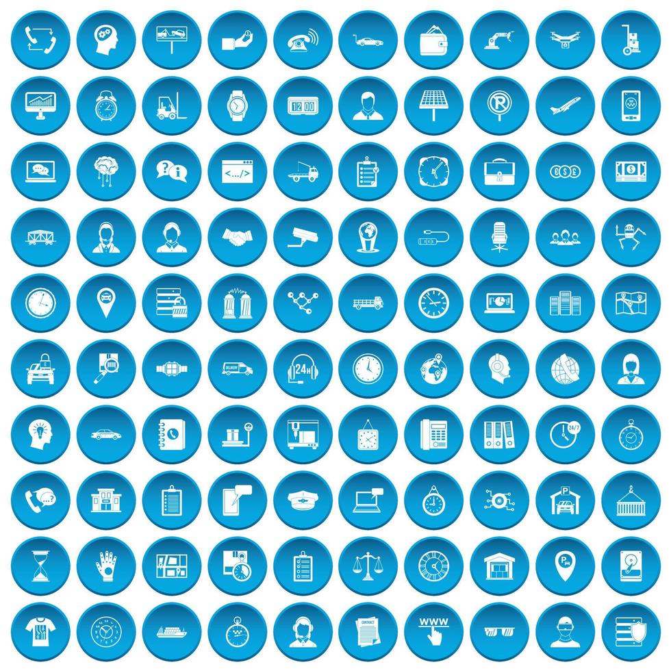 100 working hours icons set blue vector
