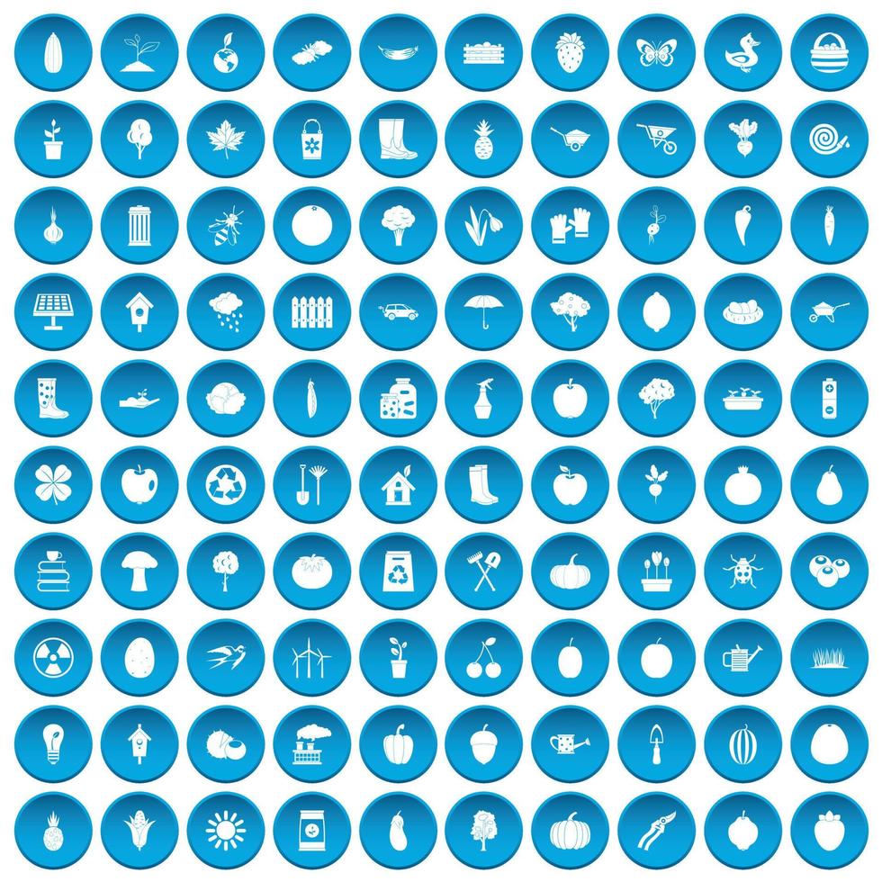 100 garden icons set blue vector