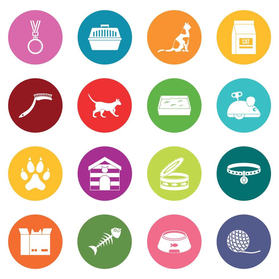 Cat care tools icons many colors set vector
