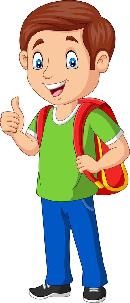 Cartoon happy school boy with backpack giving a thumb up vector