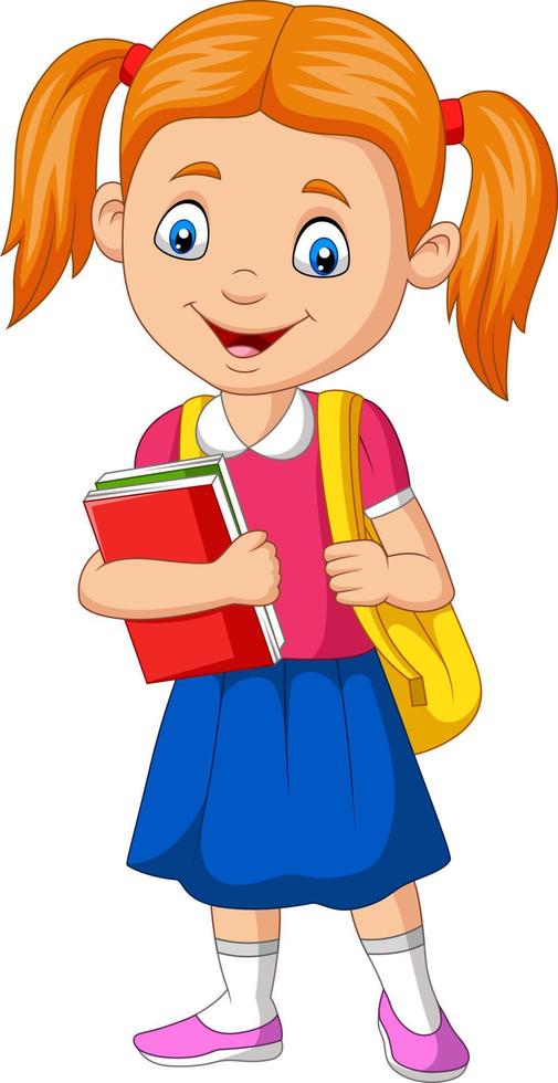 Cartoon happy school girl carrying book and backpack vector