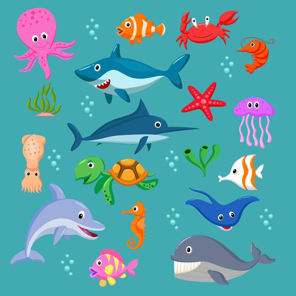 Set of cartoon sea animals vector