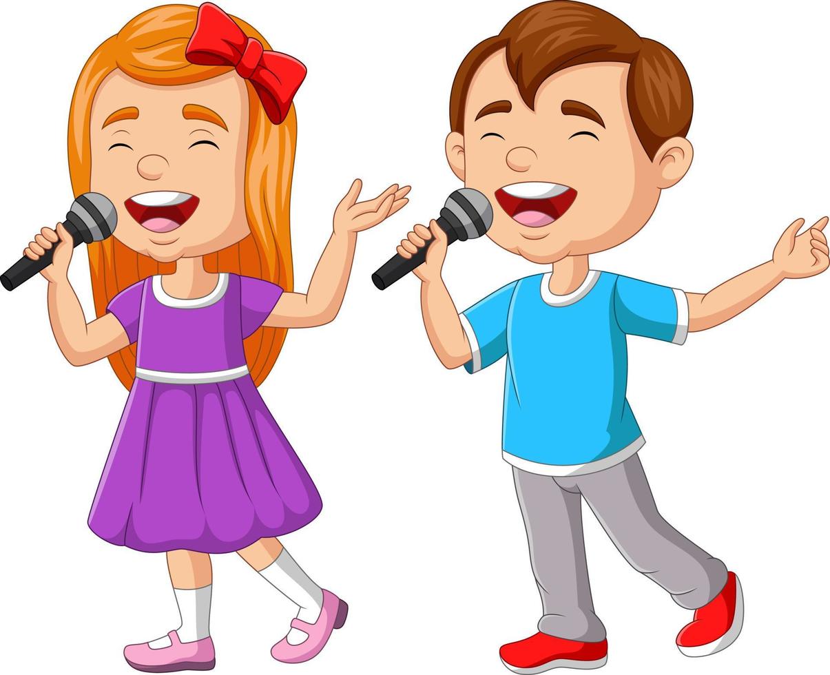 niño y niña cantando con micrófono vector