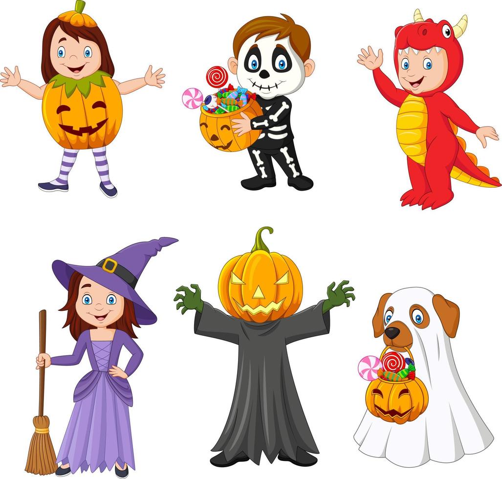 niños felices de dibujos animados con disfraz de halloween vector