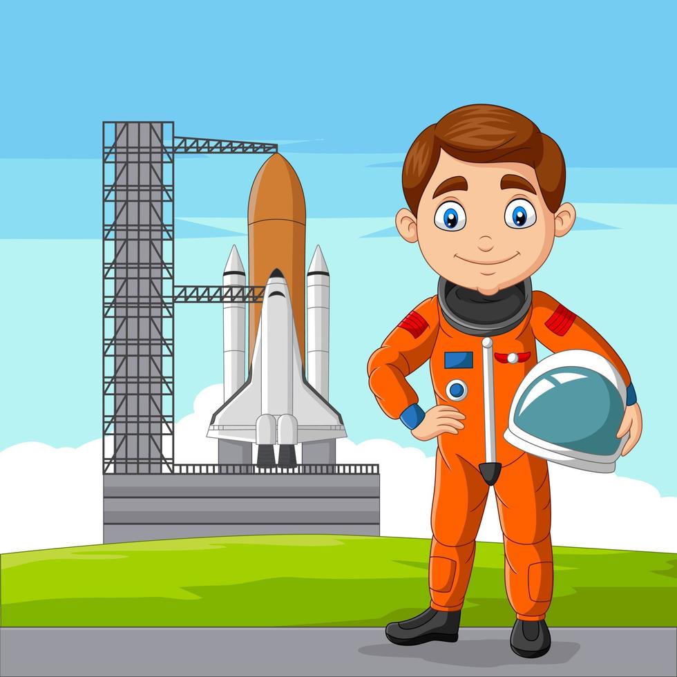 Cartoon astronaut holding helmet with spaceship ready to launch vector