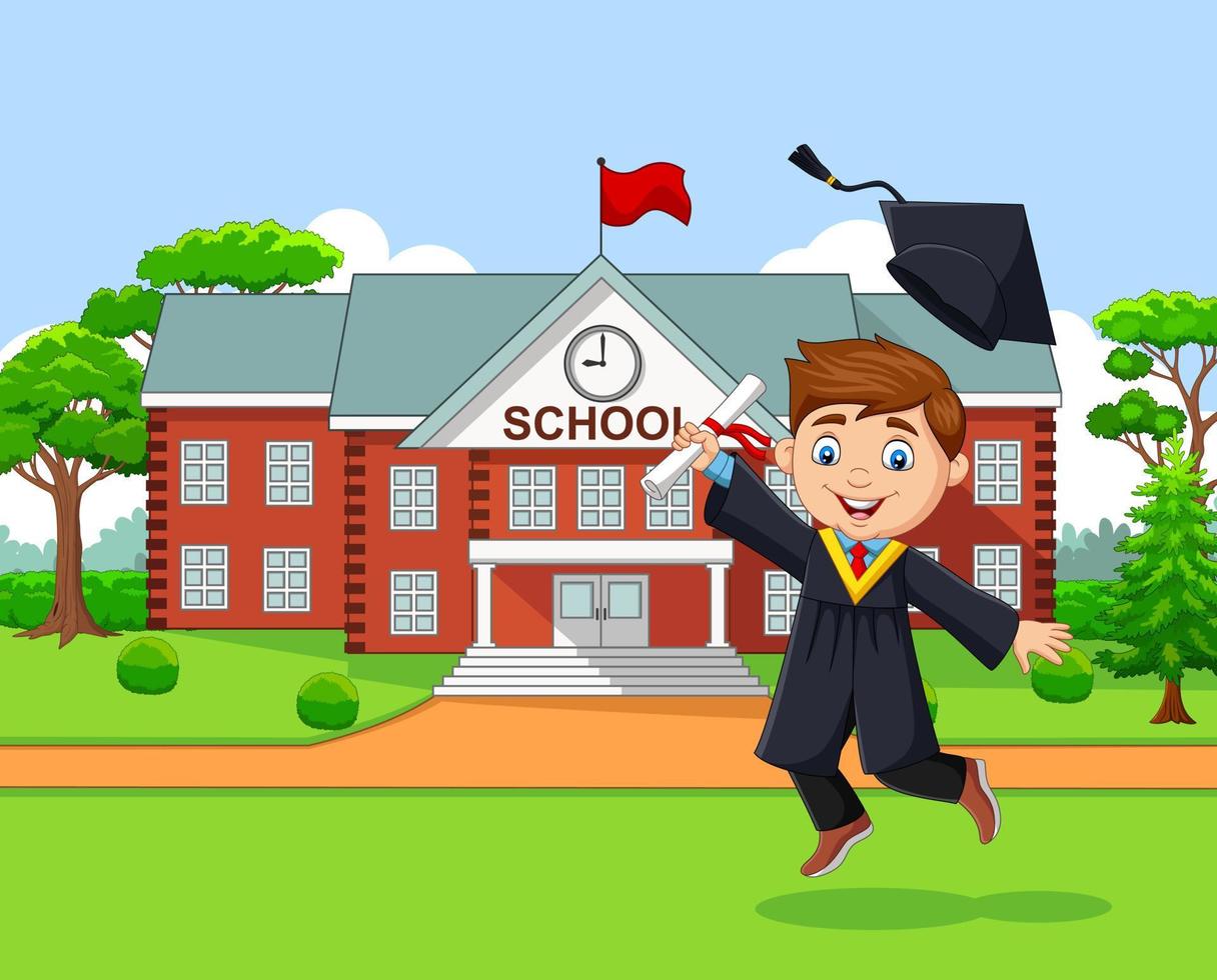 Cartoon graduation boy in front of school building vector