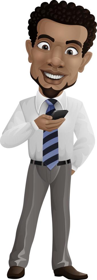 Happy businessman holding a smartphone vector