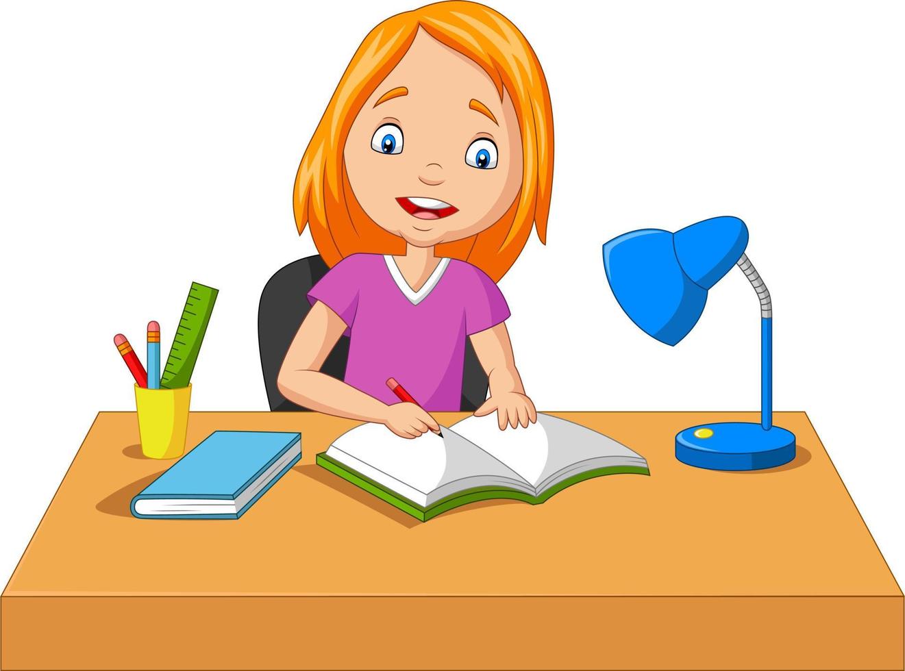 niña de dibujos animados estudiando y escribiendo 8604946 Vector en Vecteezy