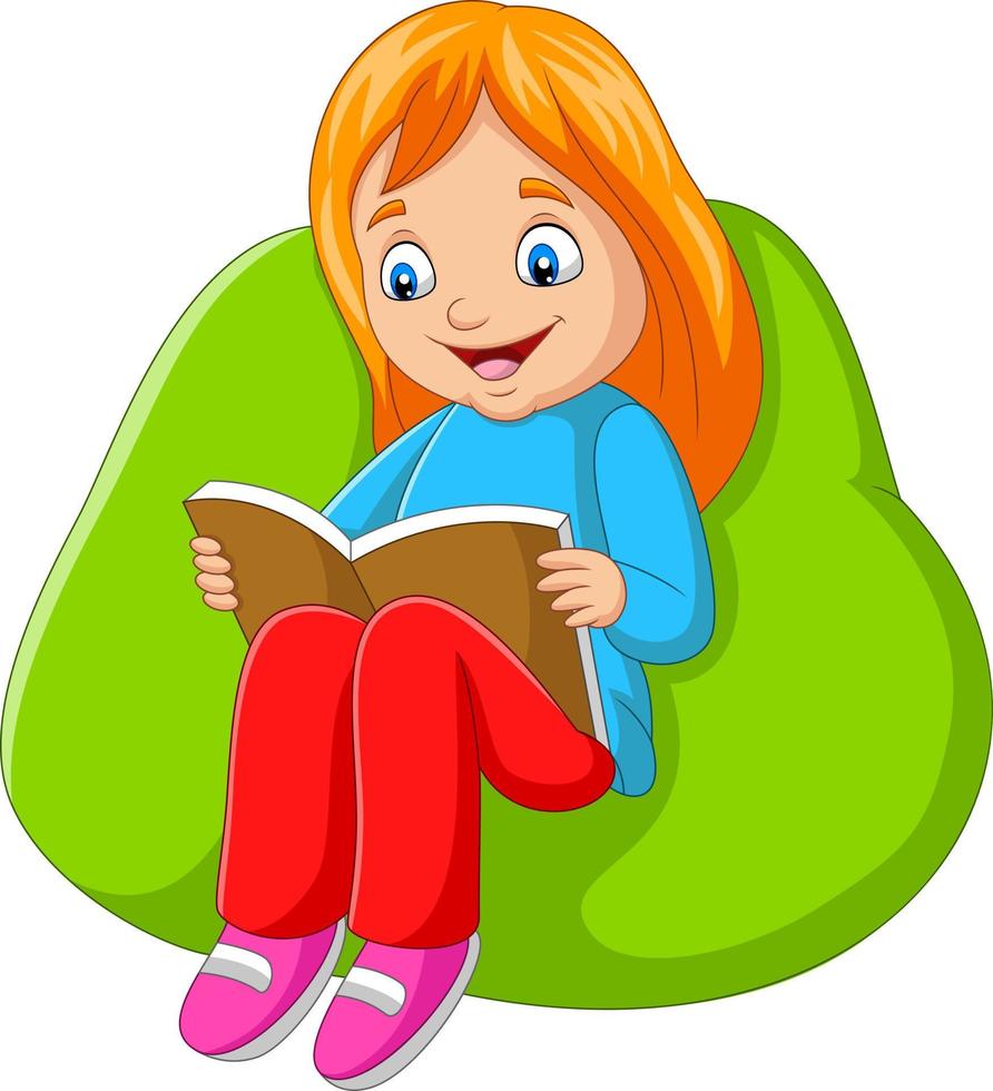 Little girl reading a book sitting on big pillow vector