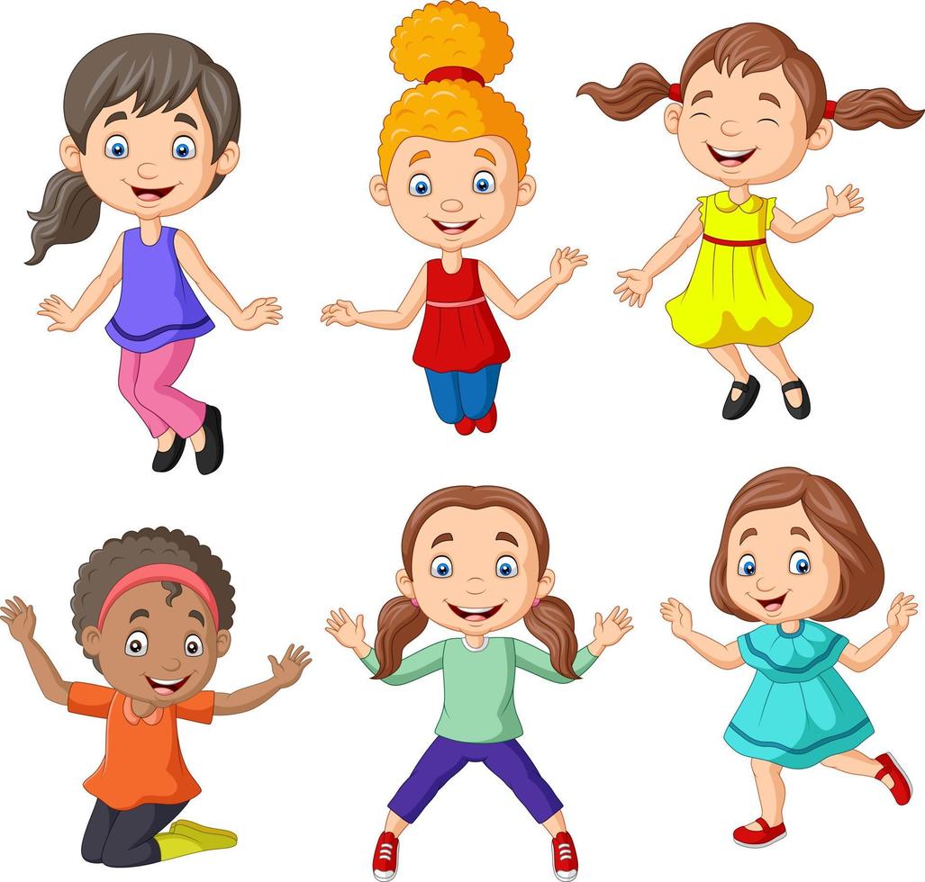 Cartoon happy little girls with different pose vector