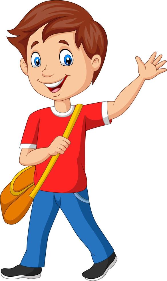 Cartoon school boy with backpack and waving vector