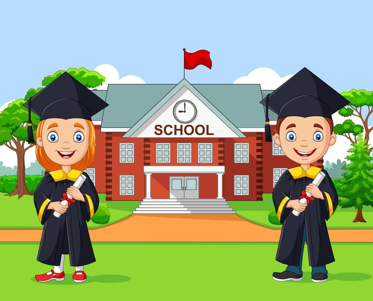 School kids graduation in front of school building vector