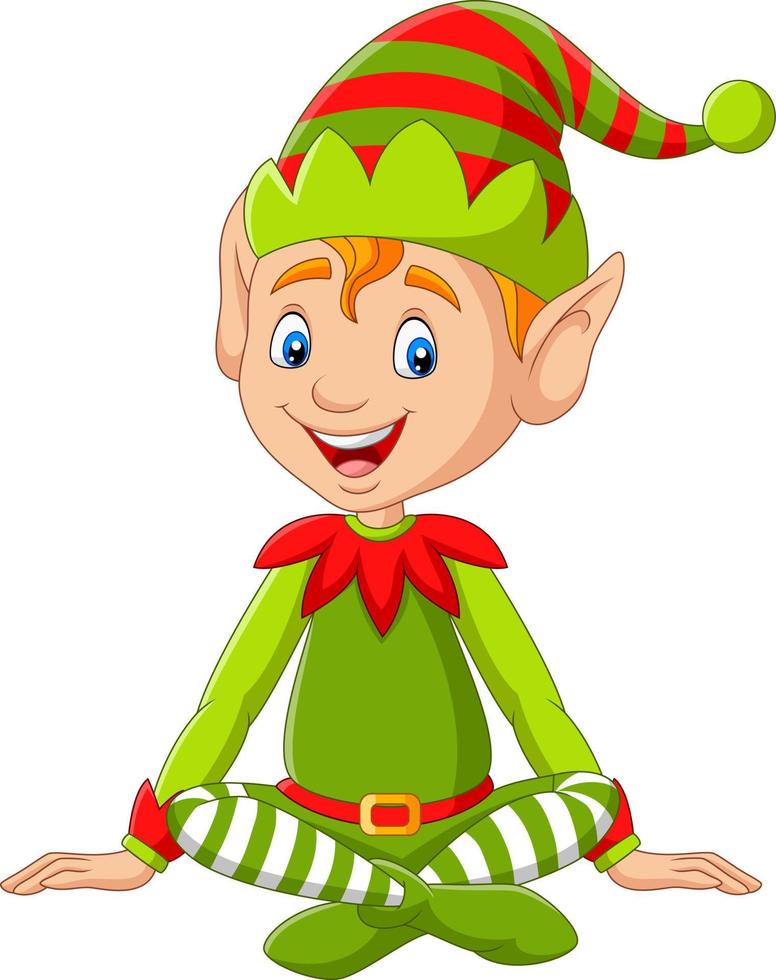 Cartoon happy Christmas elf sitting vector