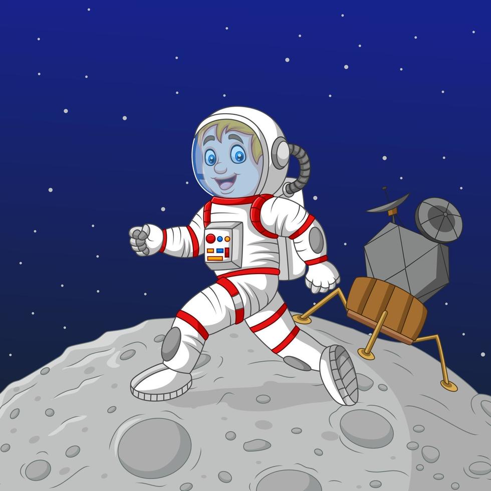 Cartoon boy astronaut walking on the moon vector