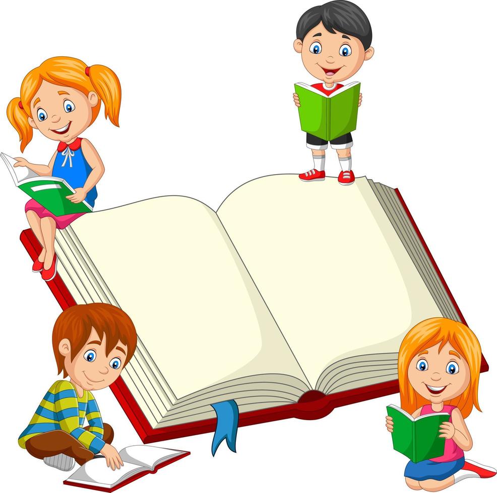 grupo de niños leyendo un libro vector