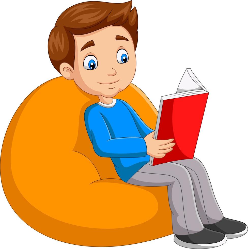 Young boy reading a book sitting on big pillow vector