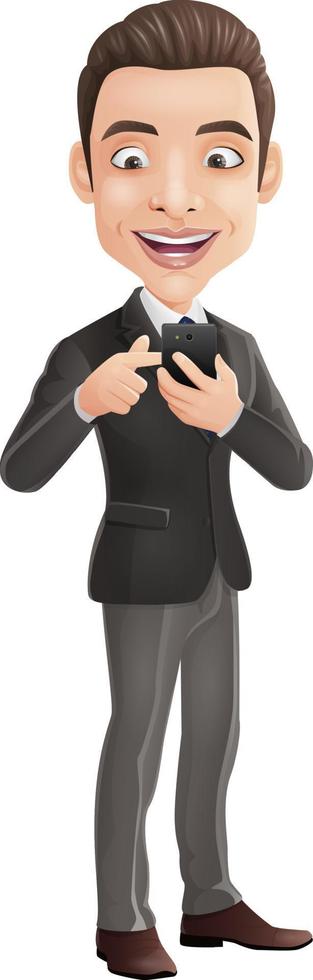 Happy businessman holding mobile phone and pointing on the screen vector